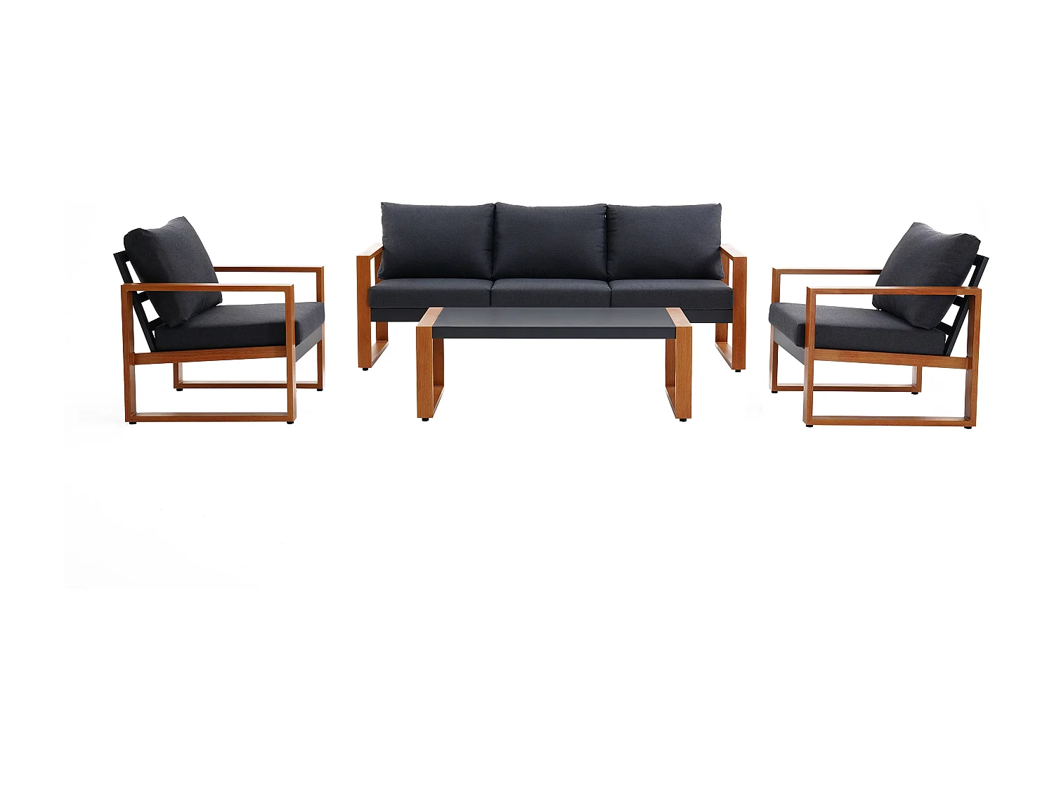 Salon de jardin en aluminium : un canapé 3 places, 2 fauteuils et une table basse - Naturel coussins gris anthracite - JALLY de MYLIA