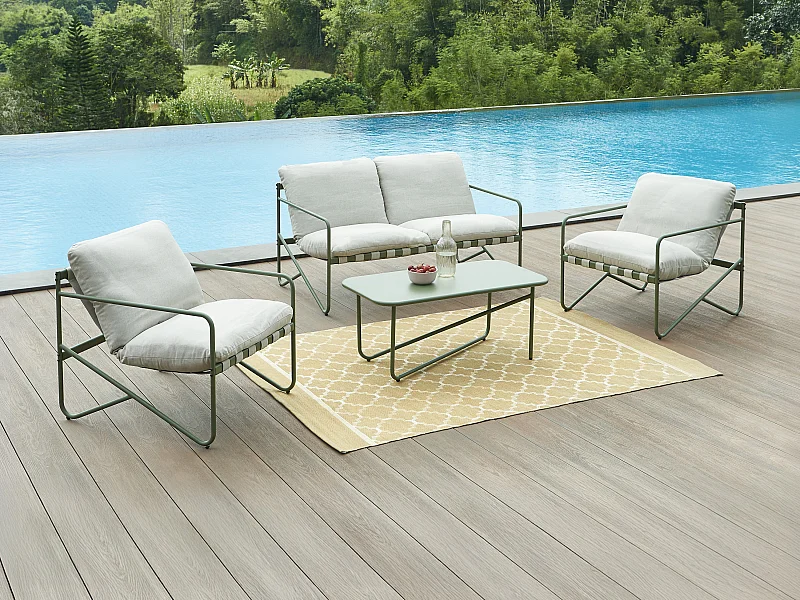 Salon de jardin en acier : un canapé 2 places, 2 fauteuils et une table basse - Vert - MILOPE de MYLIA