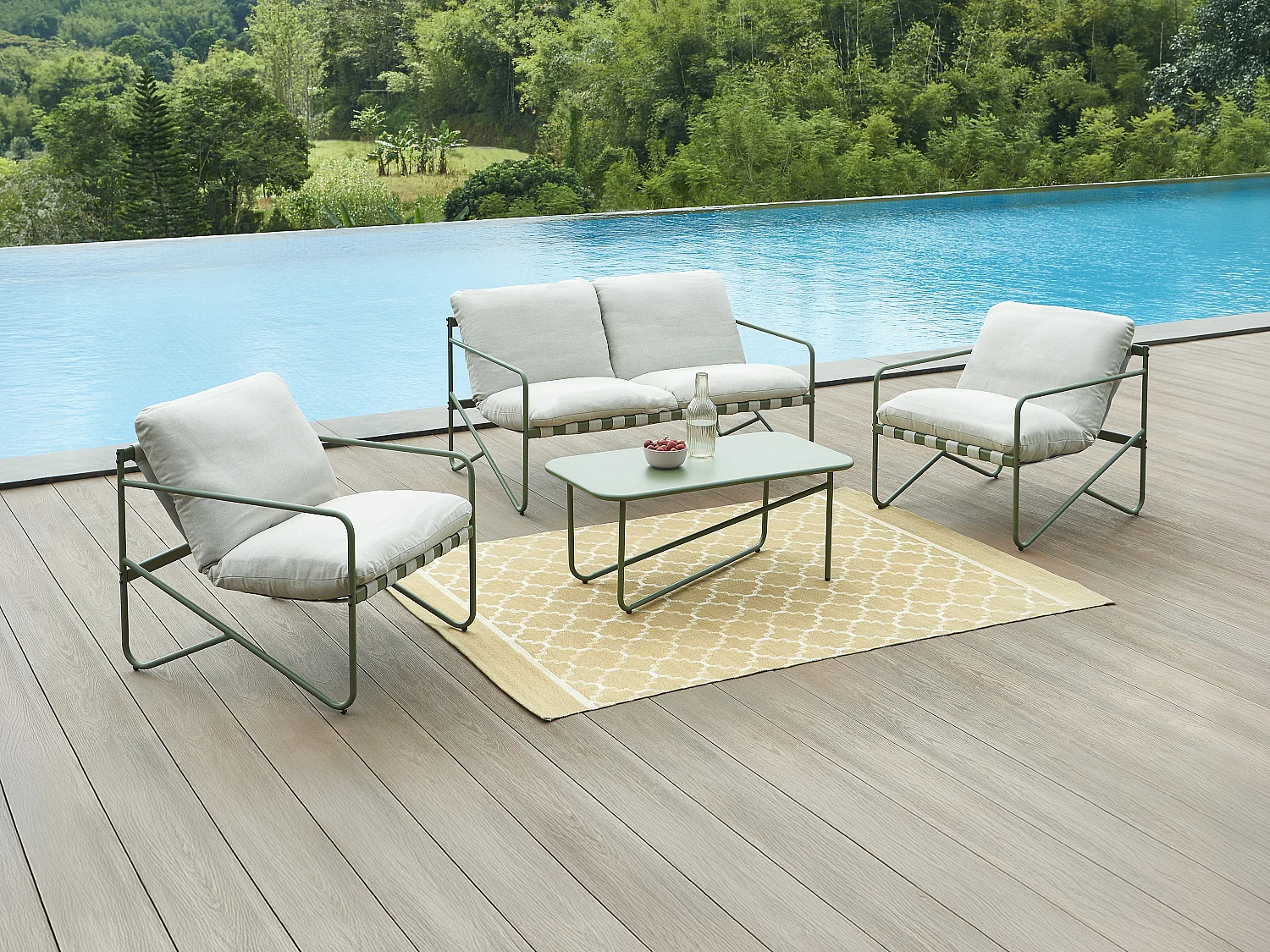 Salon de jardin en acier : un canapé 2 places, 2 fauteuils et une table basse - Vert - MILOPE de MYLIA