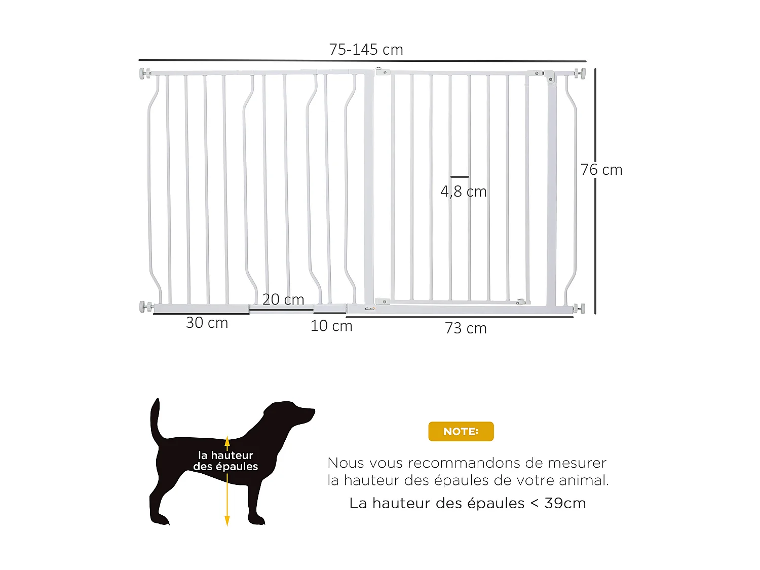 Barrière de sécurité animaux - longueur réglable dim. 75-145 cm - porte double verrouillage, ouverture double sens -sans perçage - acier ABS blanc