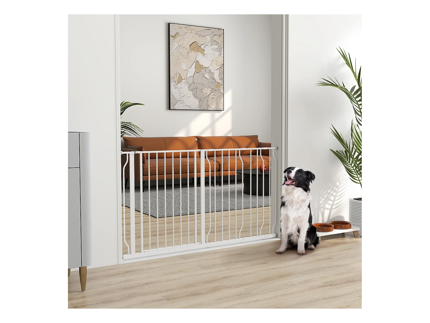 Barrière de sécurité animaux - longueur réglable dim. 75-145 cm - porte double verrouillage, ouverture double sens -sans perçage - acier ABS blanc