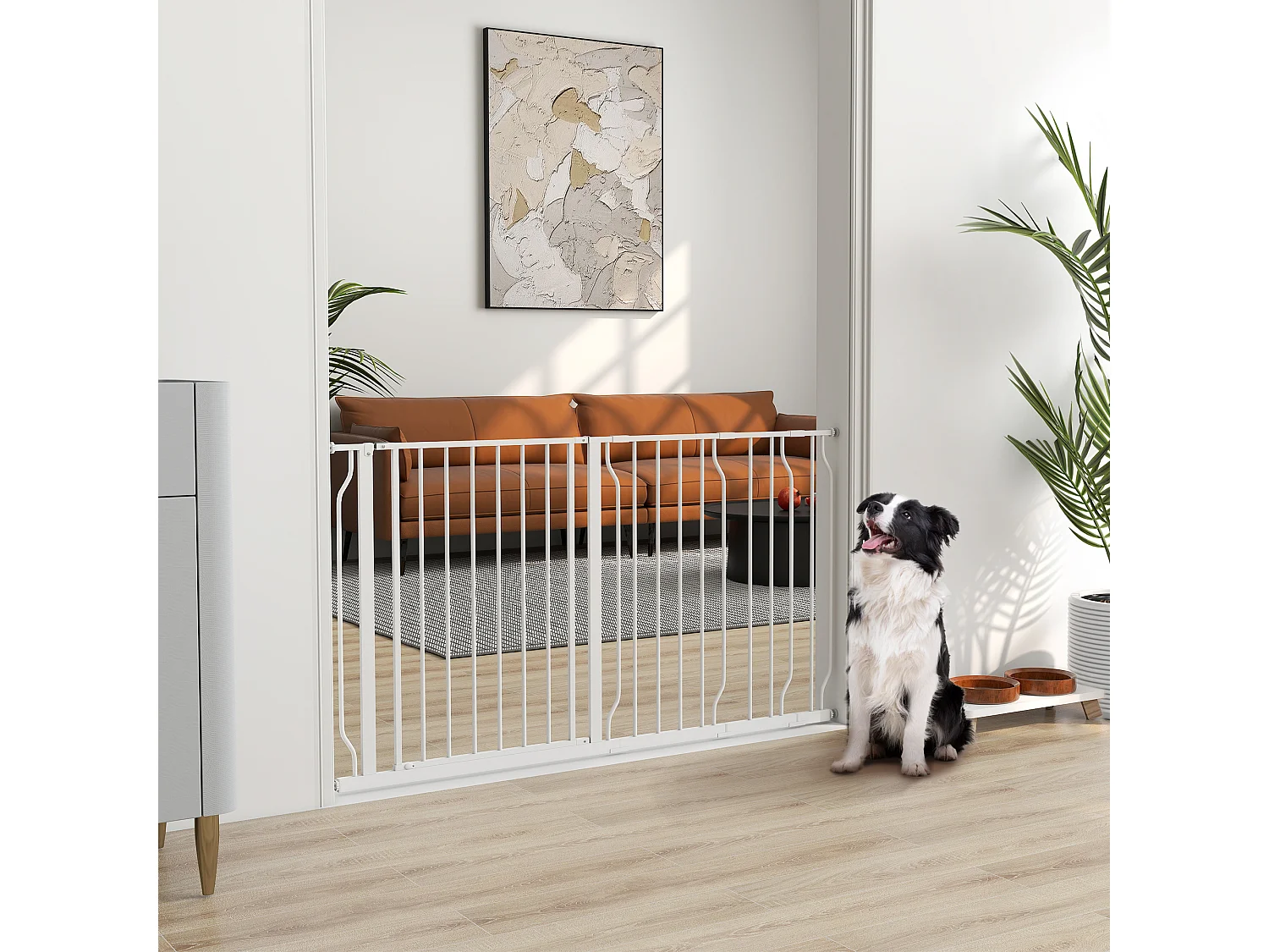 Barrière de sécurité animaux - longueur réglable dim. 75-145 cm - porte double verrouillage, ouverture double sens -sans perçage - acier ABS blanc