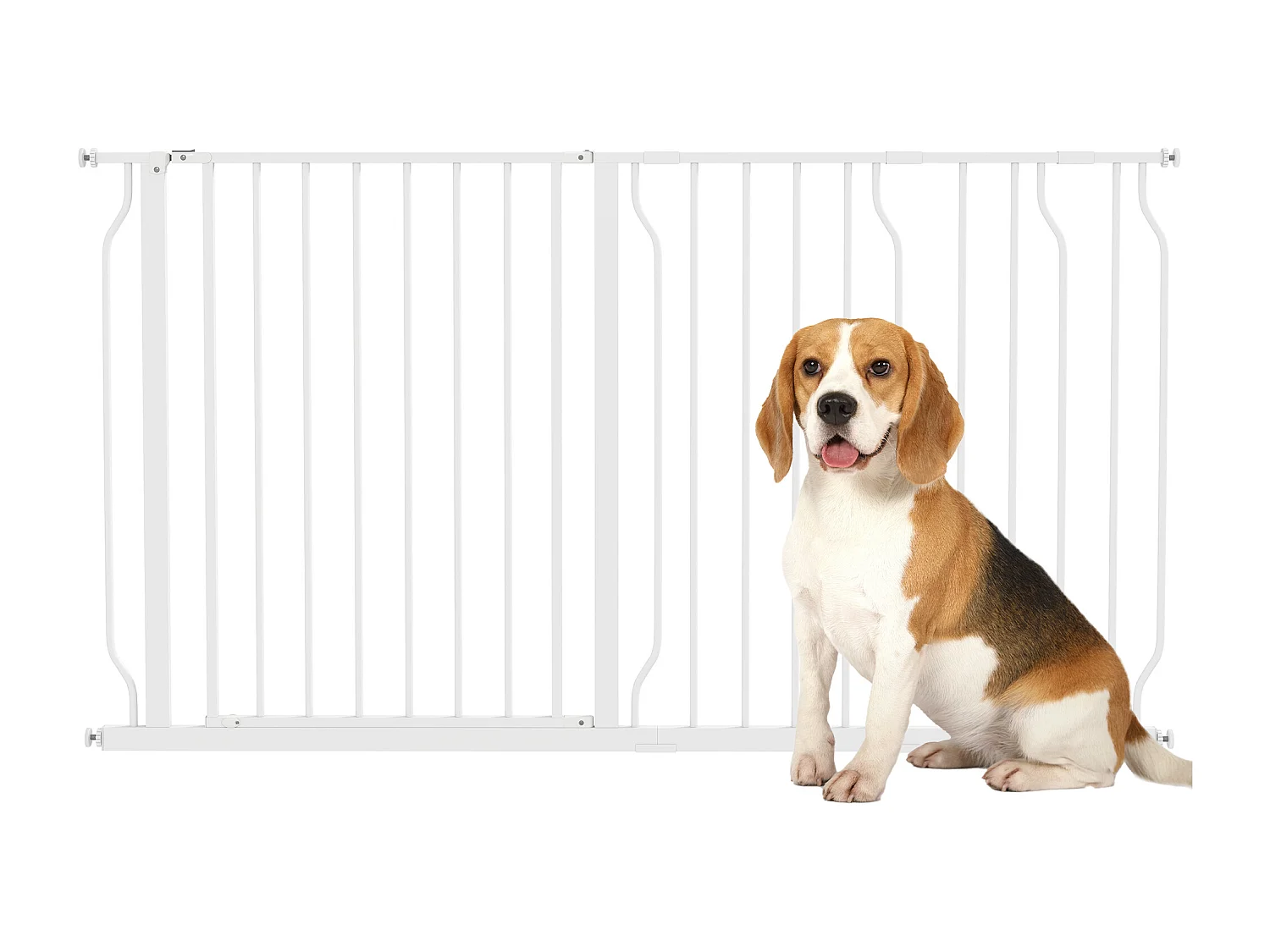 Barrière de sécurité animaux - longueur réglable dim. 75-145 cm - porte double verrouillage, ouverture double sens -sans perçage - acier ABS blanc