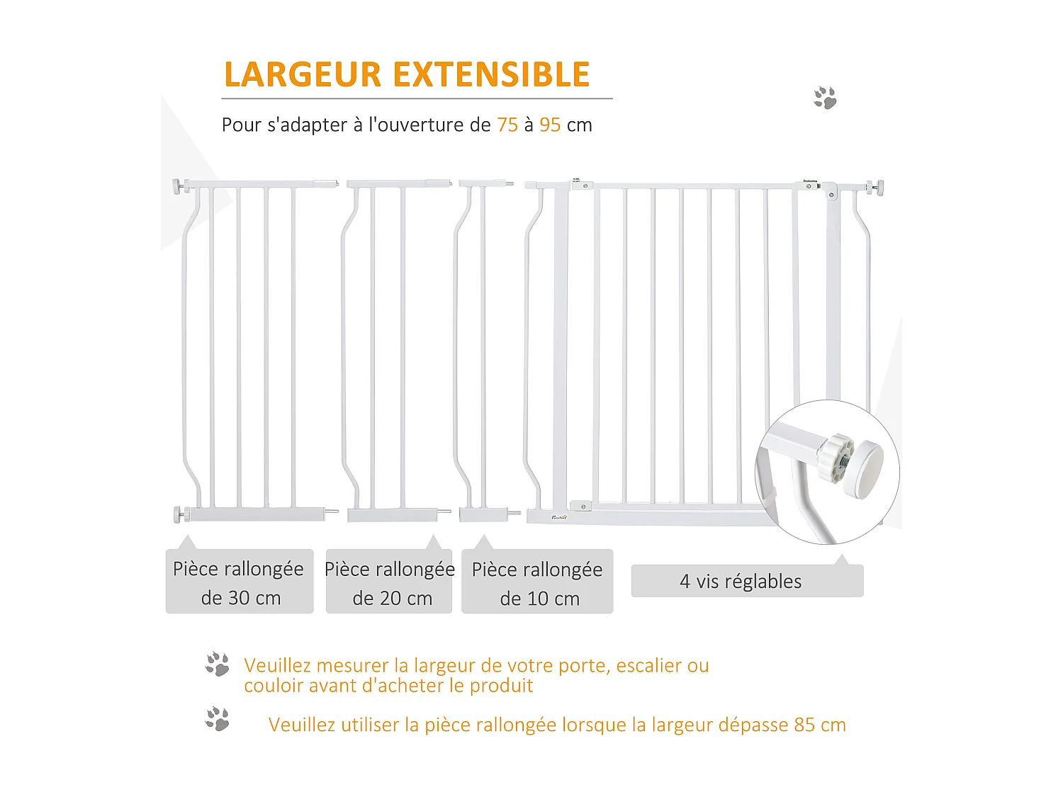 Barrière de sécurité animaux - longueur réglable dim. 75-145 cm - porte double verrouillage, ouverture double sens -sans perçage - acier ABS blanc