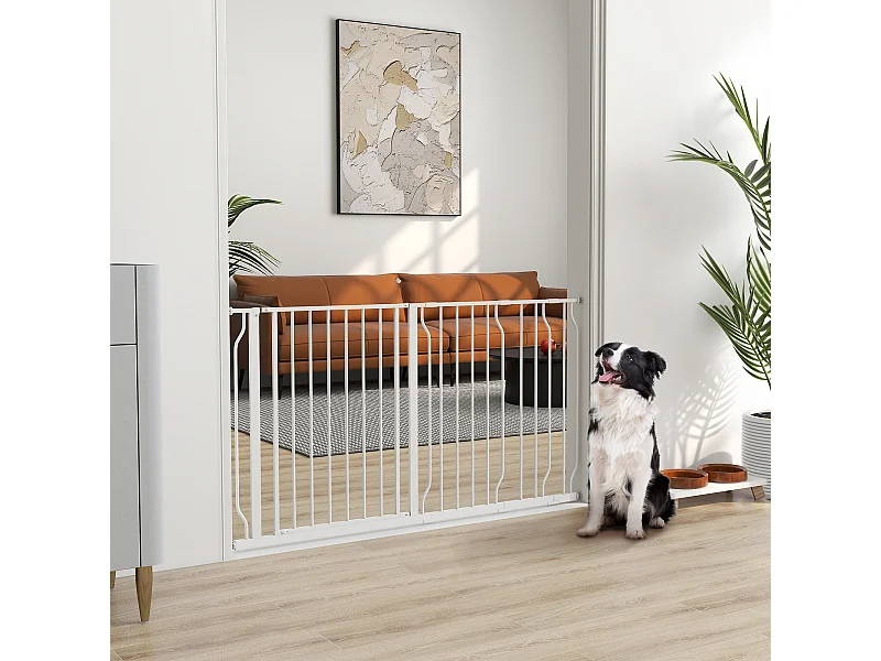 Barrière de sécurité animaux - longueur réglable dim. 75-145 cm - porte double verrouillage, ouverture double sens -sans perçage - acier ABS blanc