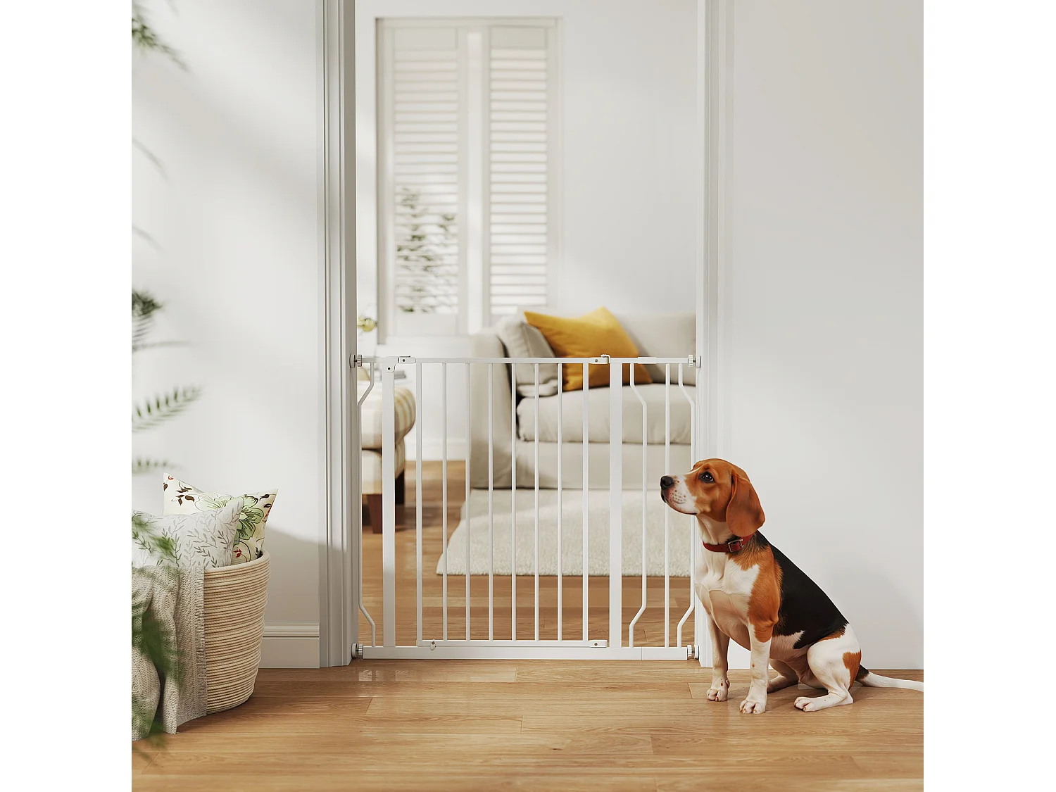 Barrière de sécurité animaux - longueur réglable dim. 75-95 cm - porte double verrouillage, ouverture double sens -sans perçage - acier ABS blanc