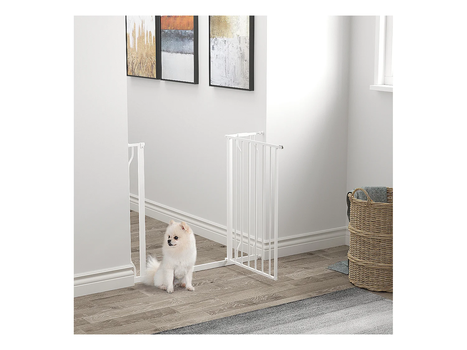 Barrière de sécurité animaux - longueur réglable dim. 75-95 cm - porte double verrouillage, ouverture double sens -sans perçage - acier ABS blanc