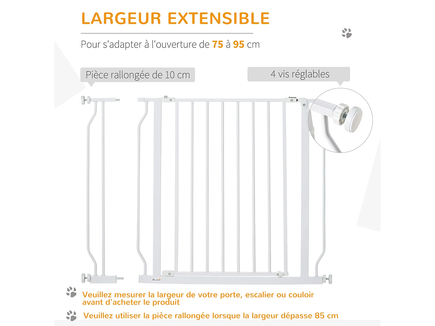 Barrière de sécurité animaux - longueur réglable dim. 75-95 cm - porte double verrouillage, ouverture double sens -sans perçage - acier ABS blanc