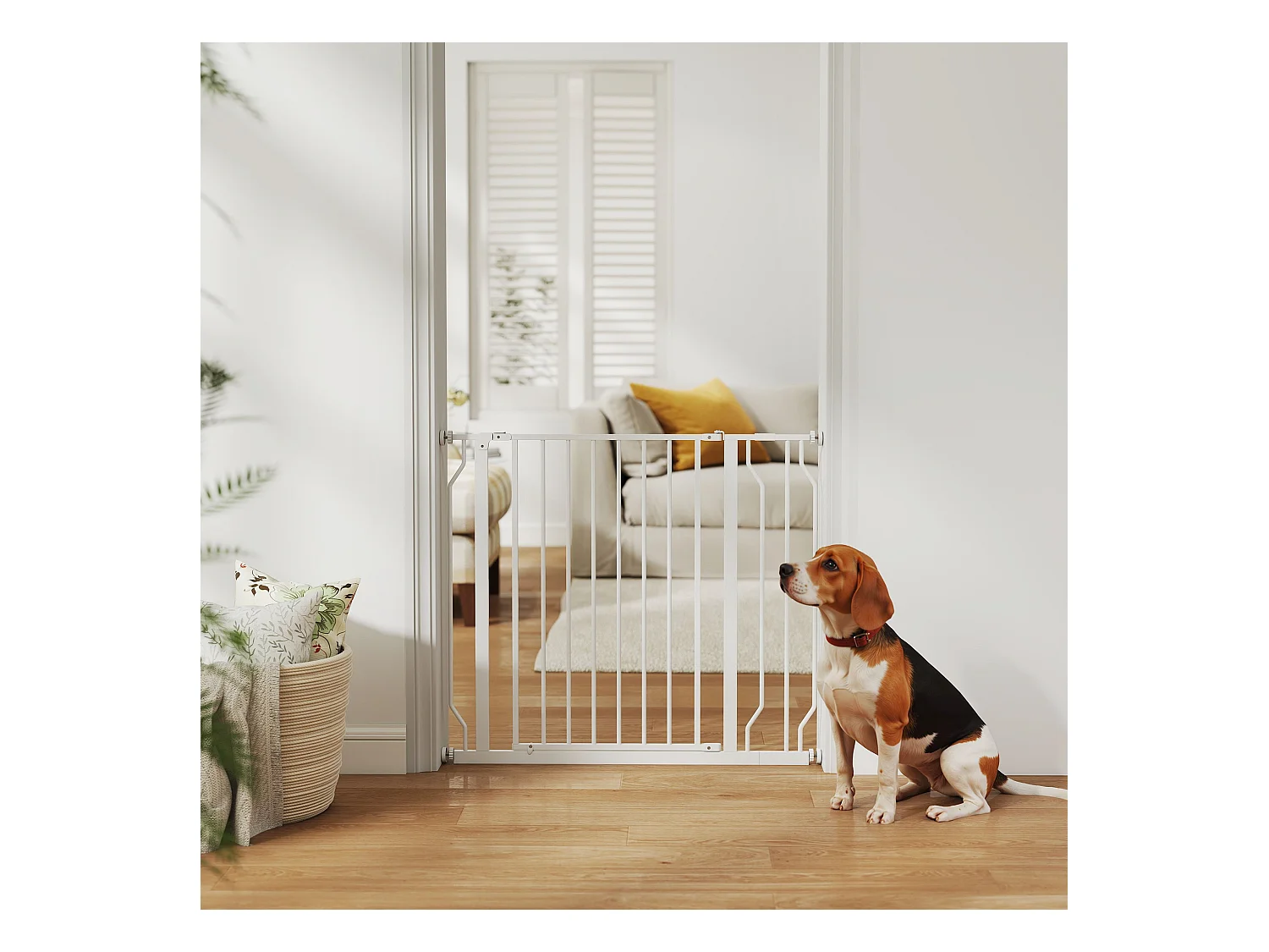 Barrière de sécurité animaux - longueur réglable dim. 75-95 cm - porte double verrouillage, ouverture double sens -sans perçage - acier ABS blanc