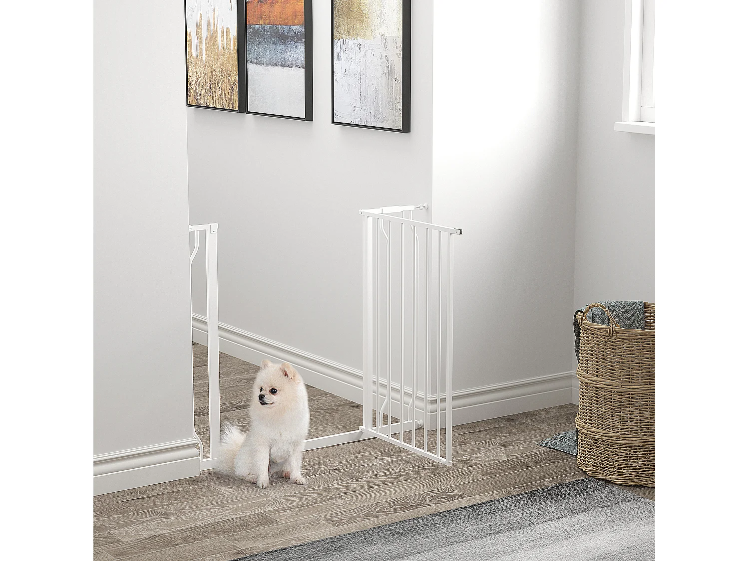 Barrière de sécurité animaux - longueur réglable dim. 75-95 cm - porte double verrouillage, ouverture double sens -sans perçage - acier ABS blanc