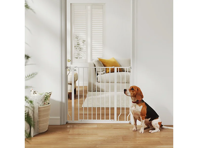 Barrière de sécurité animaux - longueur réglable dim. 75-95 cm - porte double verrouillage, ouverture double sens -sans perçage - acier ABS blanc