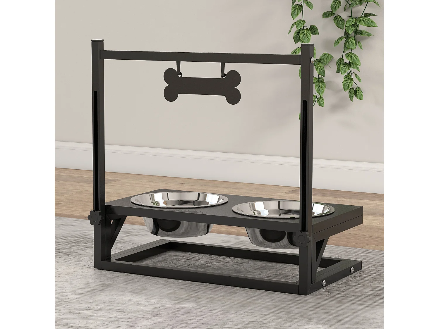 Gamelle double chien porte-gamelles surélevé hauteur réglable 2 gamelles acier inox. incluses métal noir