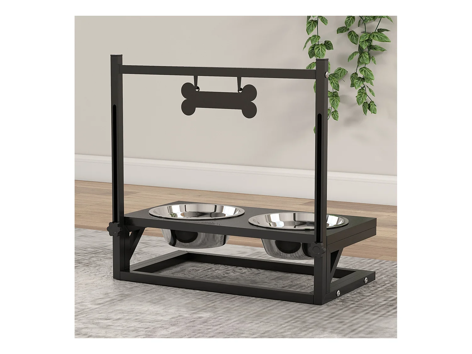 Gamelle double chien porte-gamelles surélevé hauteur réglable 2 gamelles acier inox. incluses métal noir