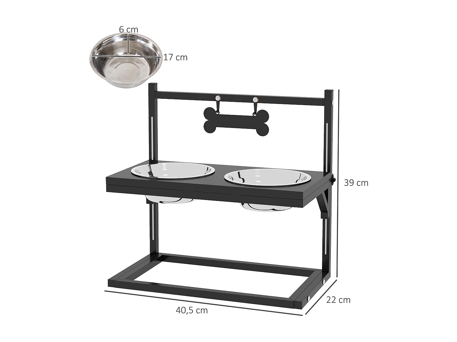 Gamelle double chien porte-gamelles surélevé hauteur réglable 2 gamelles acier inox. incluses métal noir