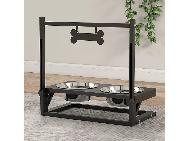 Gamelle double chien porte-gamelles surélevé hauteur réglable 2 gamelles acier inox. incluses métal noir