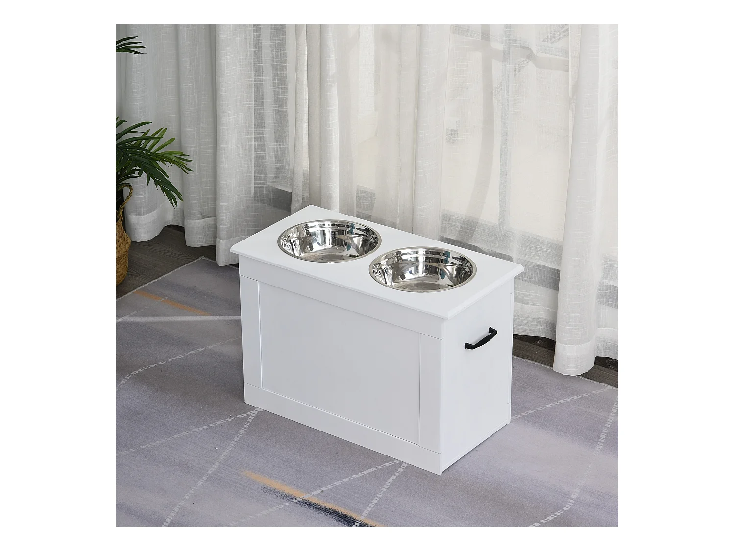 Porte-gamelles surélevé 2 gamelles avec coffre blanc
