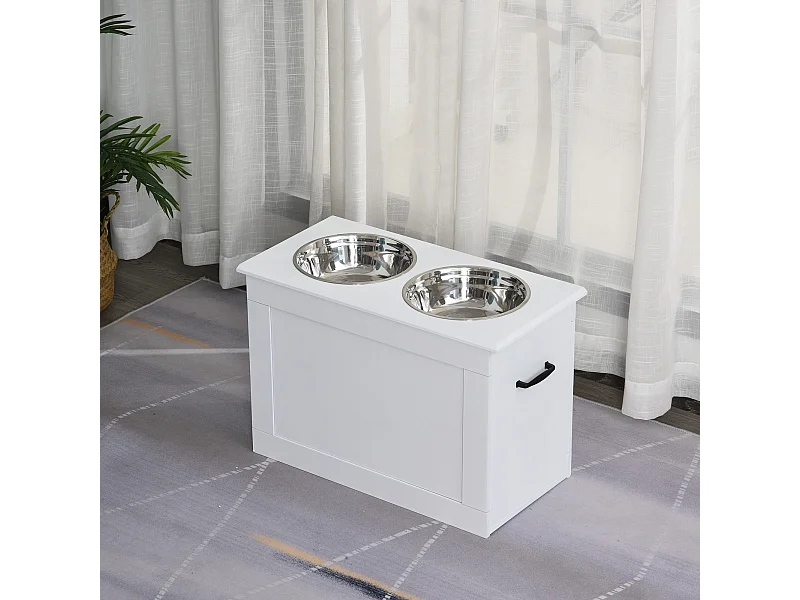 Porte-gamelles surélevé 2 gamelles avec coffre blanc