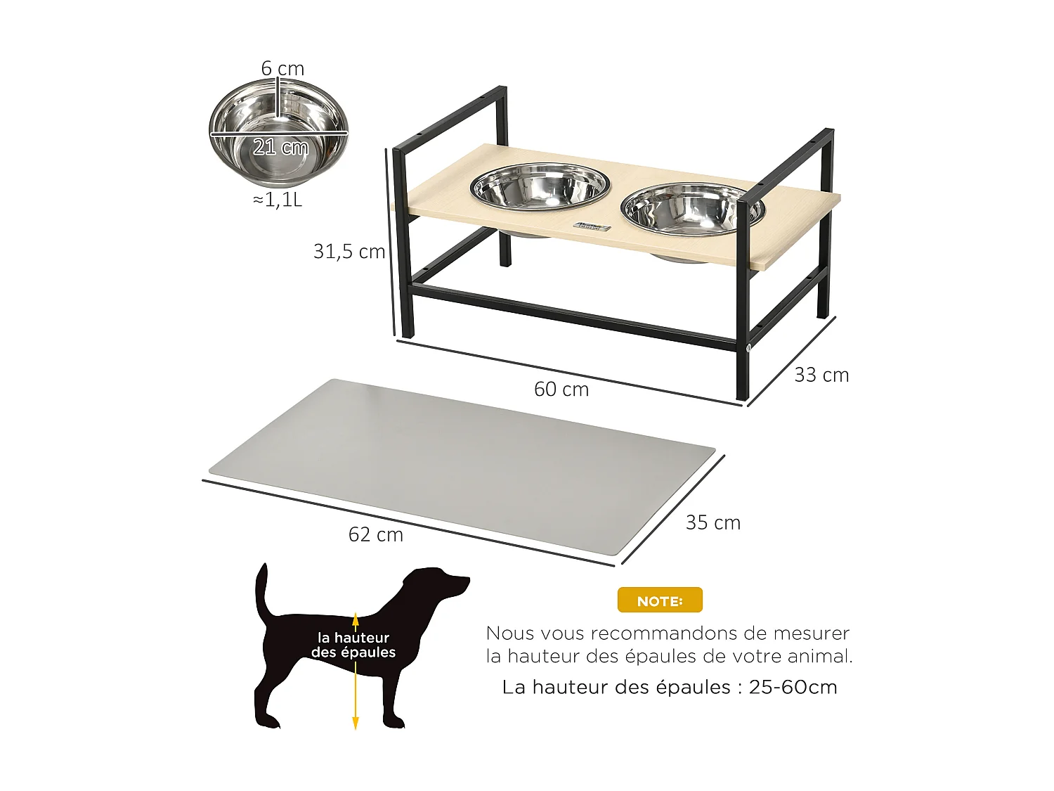 Gamelle double chien porte-gamelles surélevé réglable 2 gamelles acier inox et tapis inclus acier noir aspect bois clair