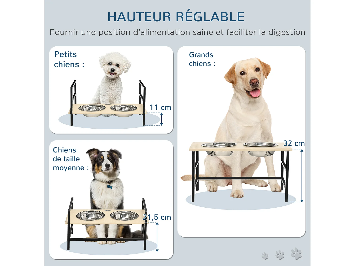 Gamelle double chien porte-gamelles surélevé réglable 2 gamelles acier inox et tapis inclus acier noir aspect bois clair