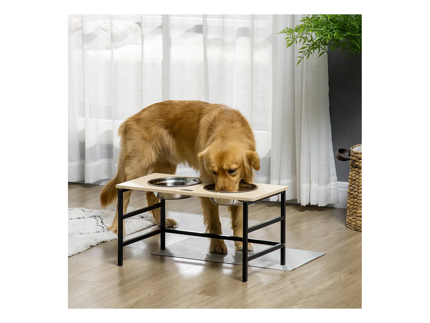 Gamelle double chien porte-gamelles surélevé réglable 2 gamelles acier inox et tapis inclus acier noir aspect bois clair