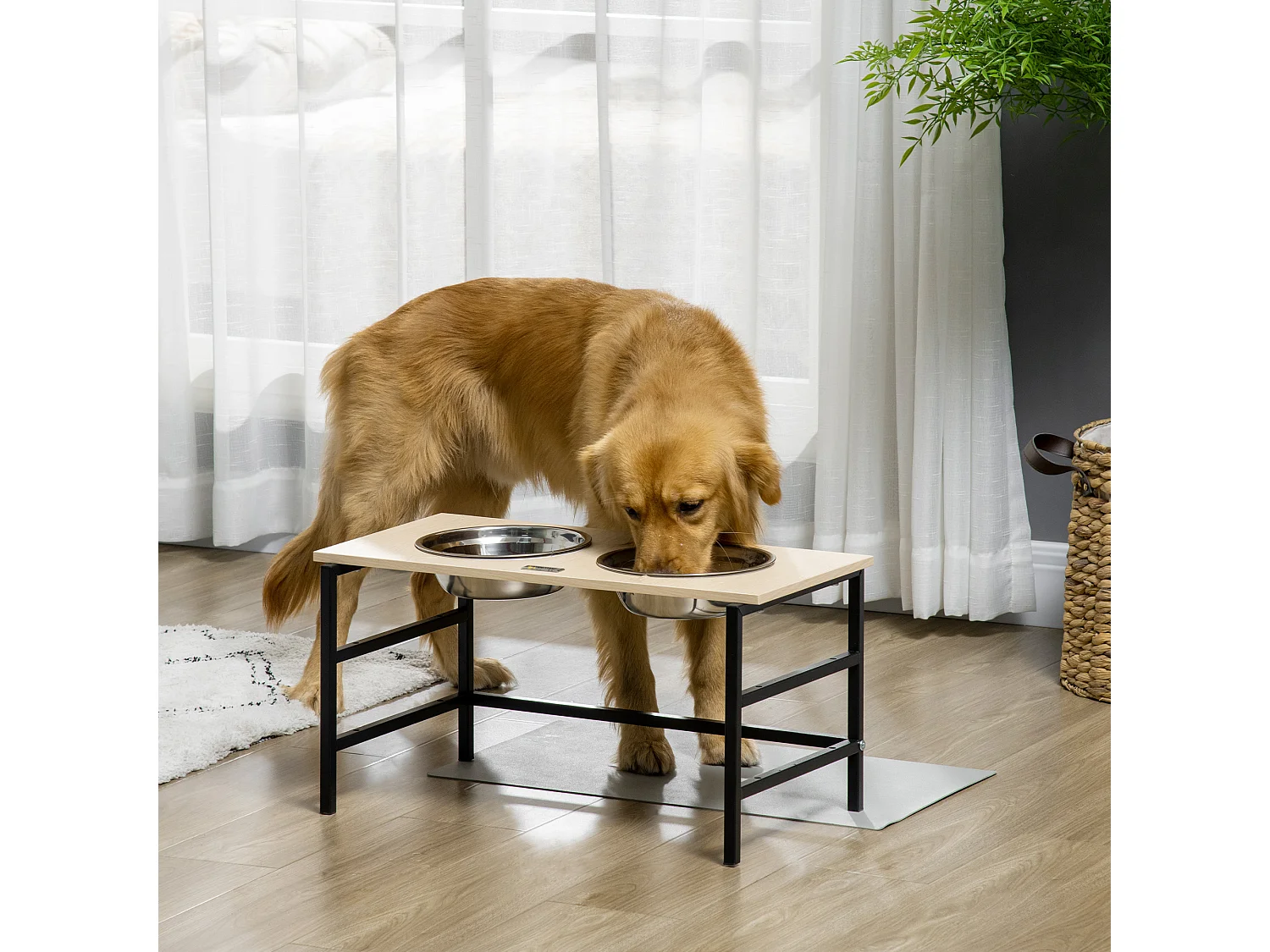 Gamelle double chien porte-gamelles surélevé réglable 2 gamelles acier inox et tapis inclus acier noir aspect bois clair