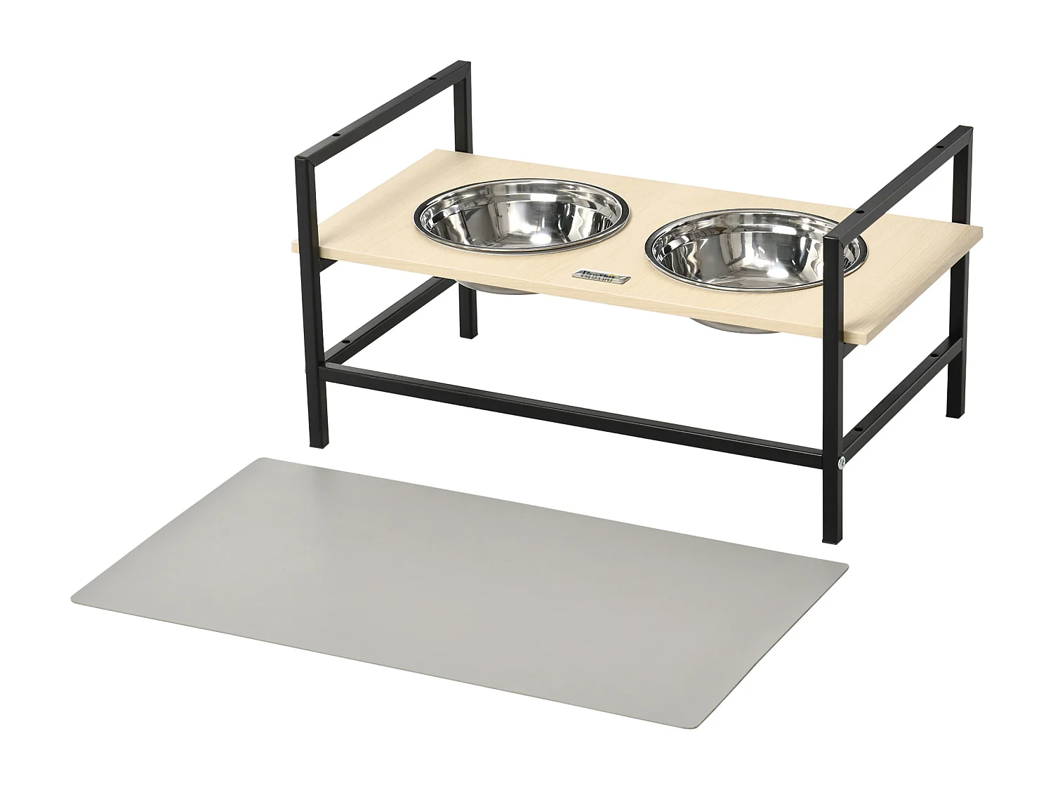 Gamelle double chien porte-gamelles surélevé réglable 2 gamelles acier inox et tapis inclus acier noir aspect bois clair