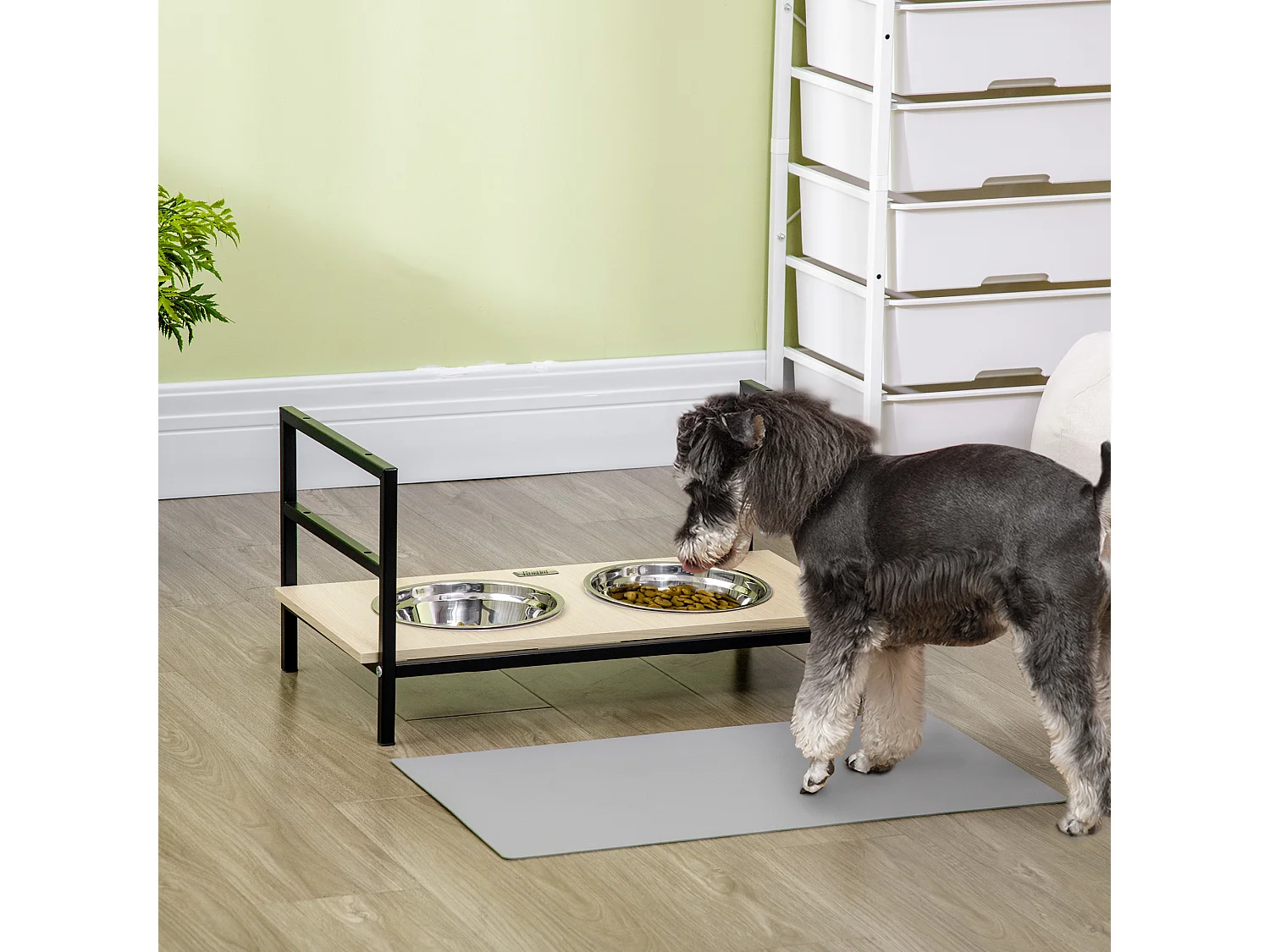 Gamelle double chien porte-gamelles surélevé réglable 2 gamelles acier inox et tapis inclus acier noir aspect bois clair