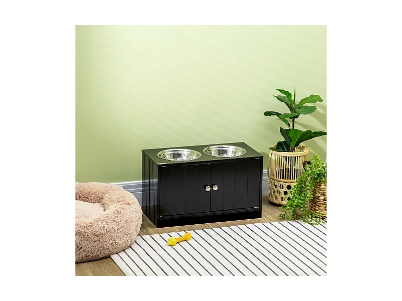 Gamelle double chien chat - porte-gamelles surélevé armoire 2 en 1 - 2 portes, 2 gamelles - acier inox. MDF noir
