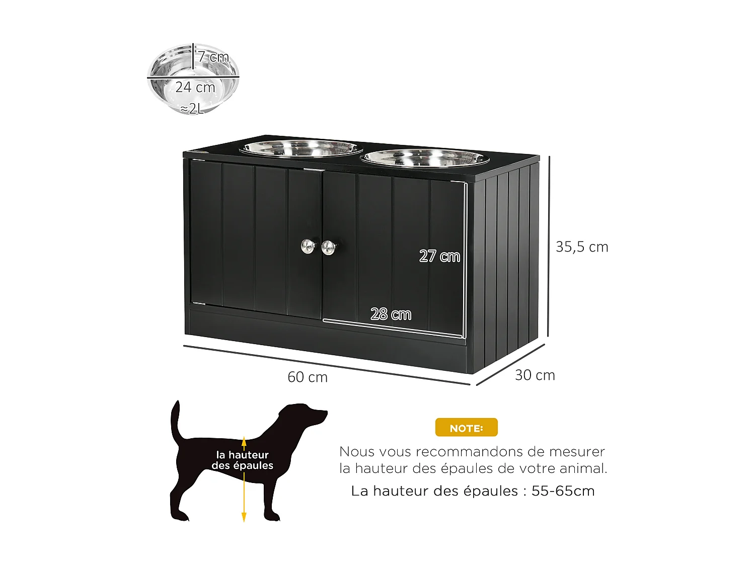Gamelle double chien chat - porte-gamelles surélevé armoire 2 en 1 - 2 portes, 2 gamelles - acier inox. MDF noir
