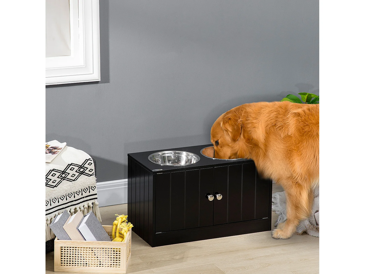 Gamelle double chien chat - porte-gamelles surélevé armoire 2 en 1 - 2 portes, 2 gamelles - acier inox. MDF noir