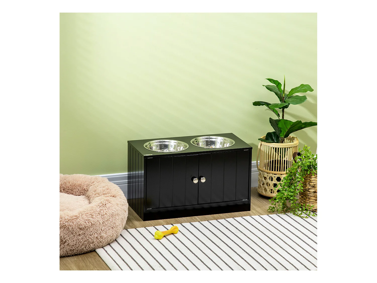 Gamelle double chien chat - porte-gamelles surélevé armoire 2 en 1 - 2 portes, 2 gamelles - acier inox. MDF noir