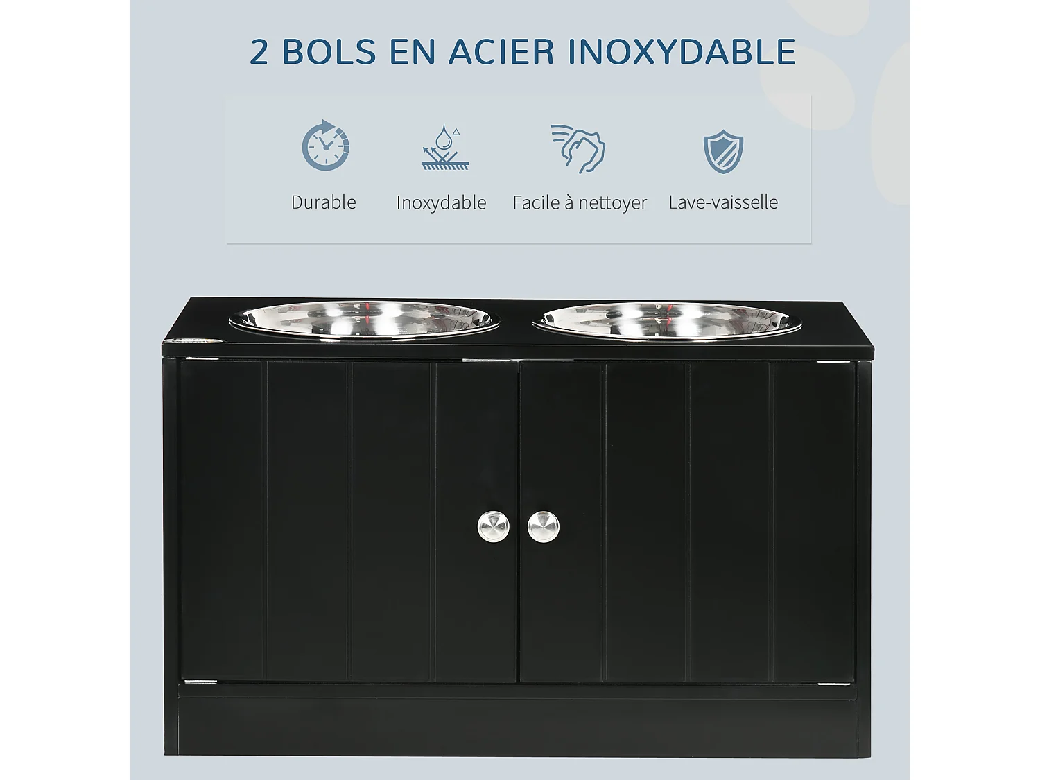 Gamelle double chien chat - porte-gamelles surélevé armoire 2 en 1 - 2 portes, 2 gamelles - acier inox. MDF noir