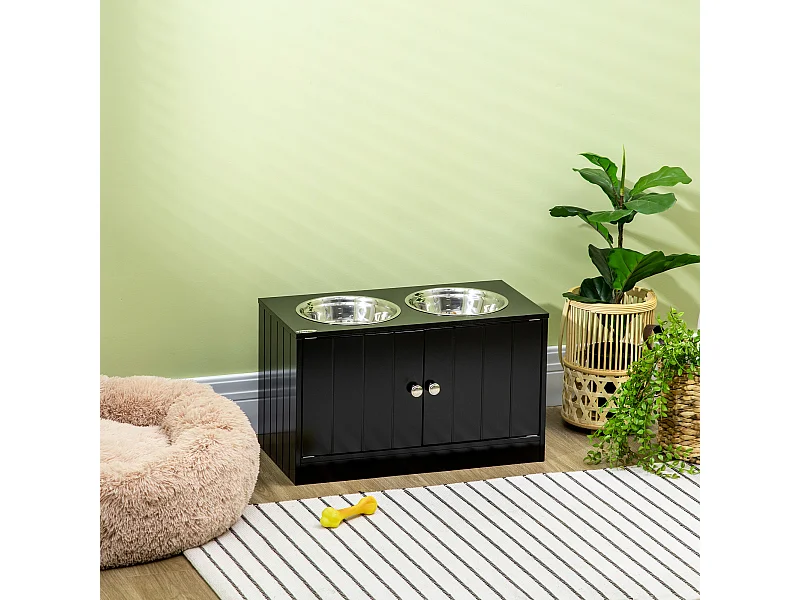 Gamelle double chien chat - porte-gamelles surélevé armoire 2 en 1 - 2 portes, 2 gamelles - acier inox. MDF noir