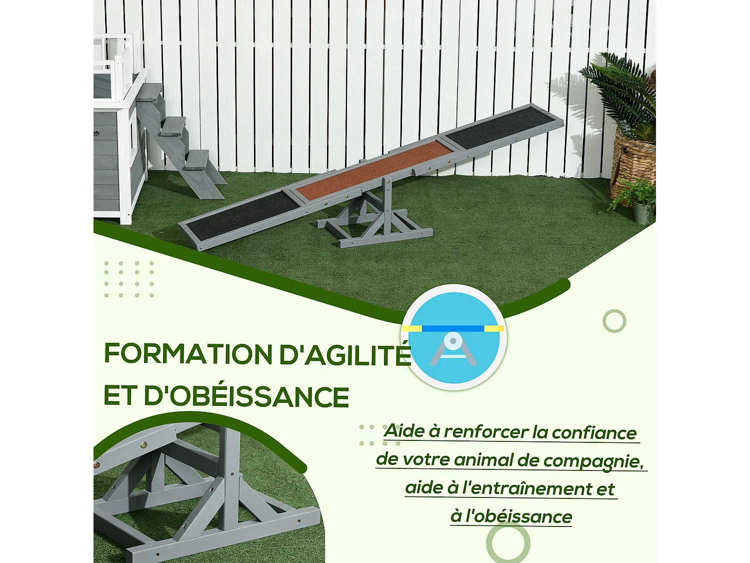Agility sport pour chien bascule - bascule pour chien - équipement entrainement chien - bois sapin pré-huilé feutre bitumé antidérapant brique gris