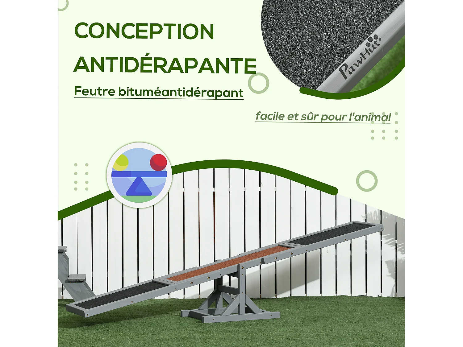 Agility sport pour chien bascule - bascule pour chien - équipement entrainement chien - bois sapin pré-huilé feutre bitumé antidérapant brique gris