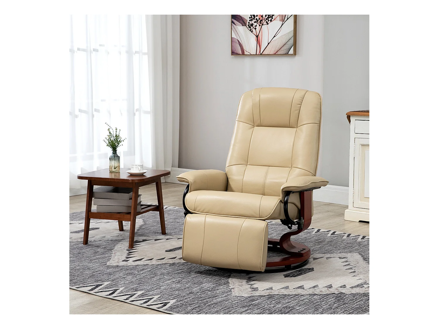 Fauteuil relax inclinable repose-pied réglable pivotant 360° bois synthétique crème