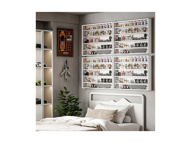 Vitrine murale étagère - 5 étagères réglables - 2 portes coulissantes verre - panneaux blanc