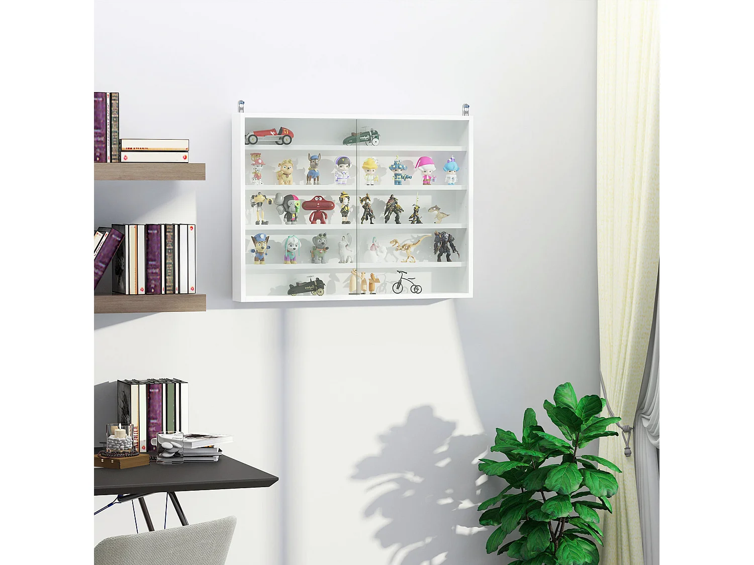 Vitrine murale étagère - 5 étagères réglables - 2 portes coulissantes verre - panneaux blanc