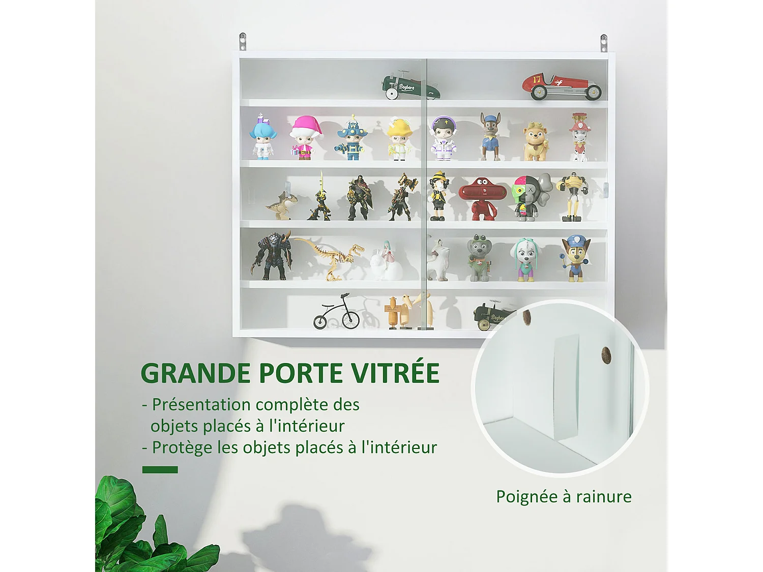 Vitrine murale étagère - 5 étagères réglables - 2 portes coulissantes verre - panneaux blanc