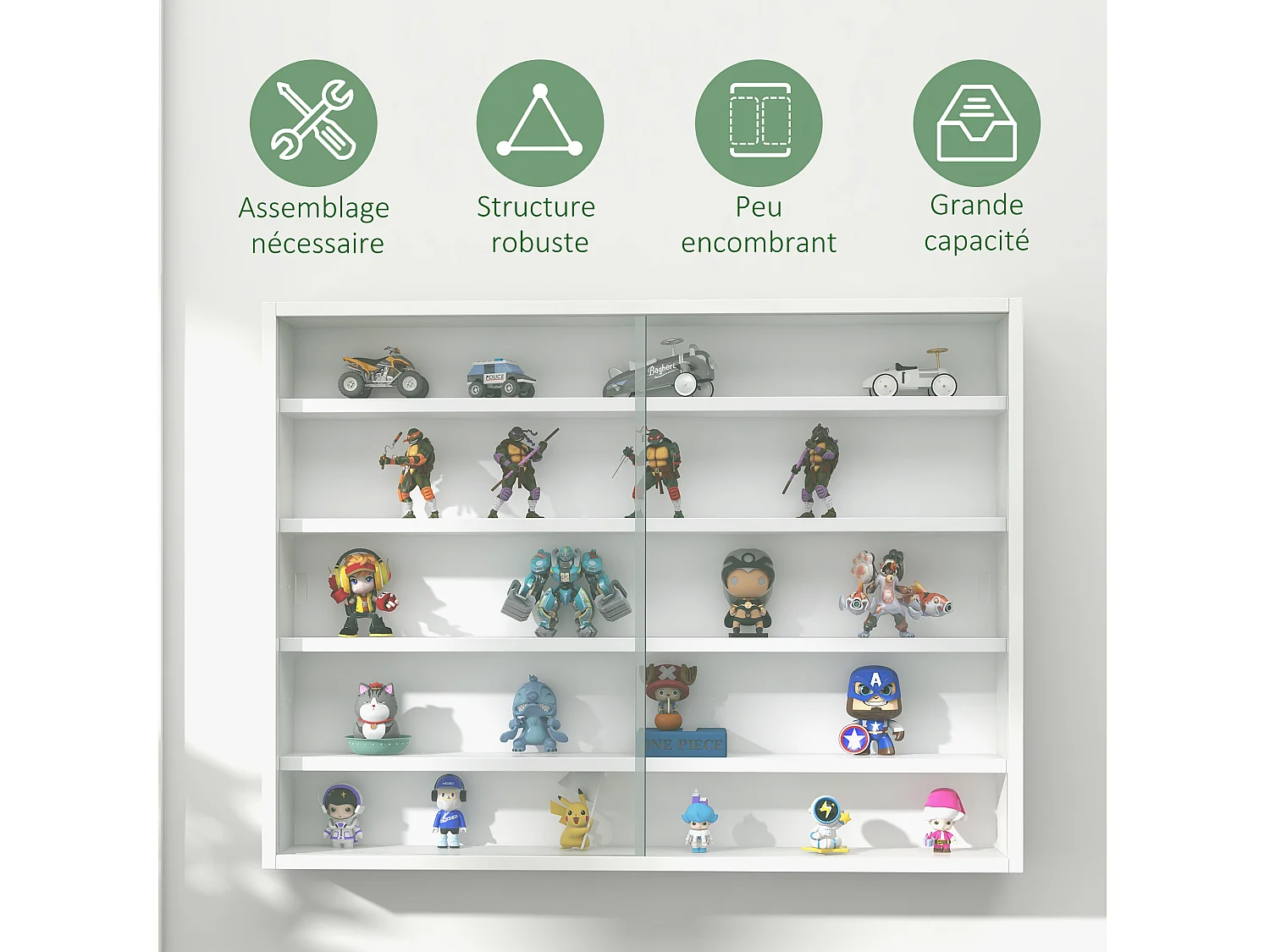 Vitrine murale étagère - 5 étagères réglables - 2 portes coulissantes verre - panneaux blanc