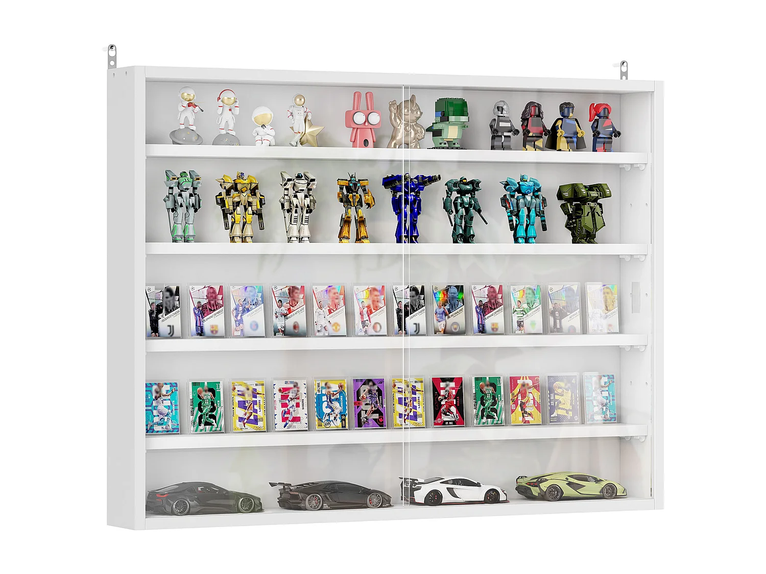 Vitrine murale étagère - 5 étagères réglables - 2 portes coulissantes verre - panneaux blanc