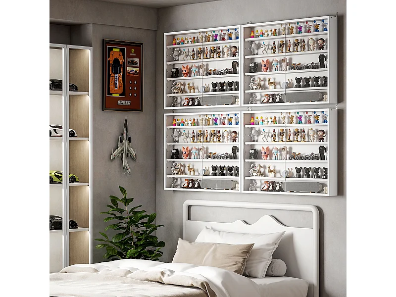 Vitrine murale étagère - 5 étagères réglables - 2 portes coulissantes verre - panneaux blanc