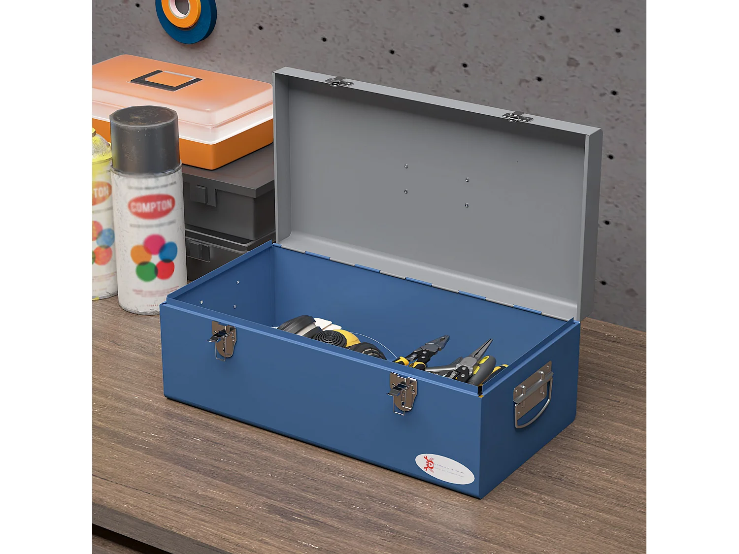 Boite à outils métallique - caisse à outils - verrouillable - tapis EVA poignées tôle acier gris bleu