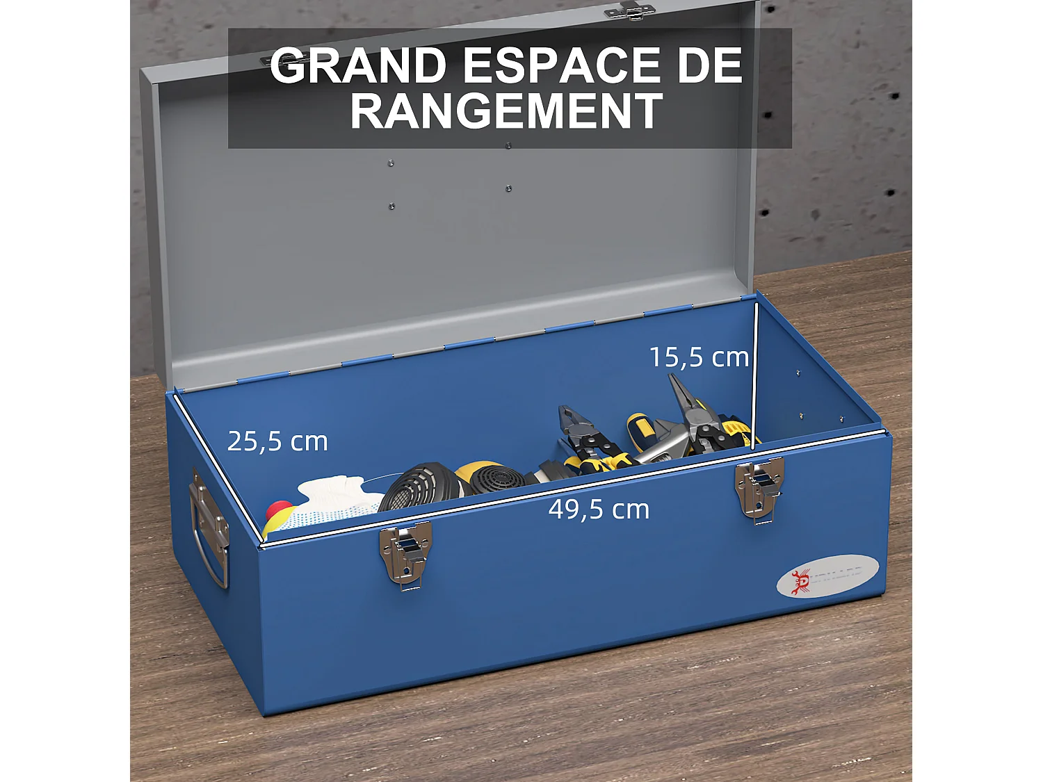 Boite à outils métallique - caisse à outils - verrouillable - tapis EVA poignées tôle acier gris bleu