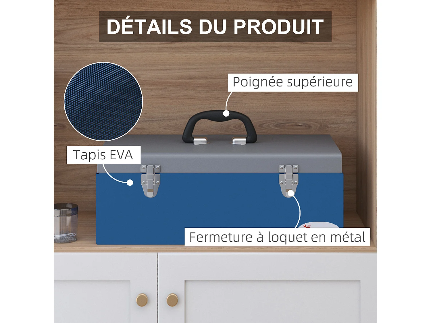 Boite à outils métallique - caisse à outils - verrouillable - tapis EVA poignées tôle acier gris bleu