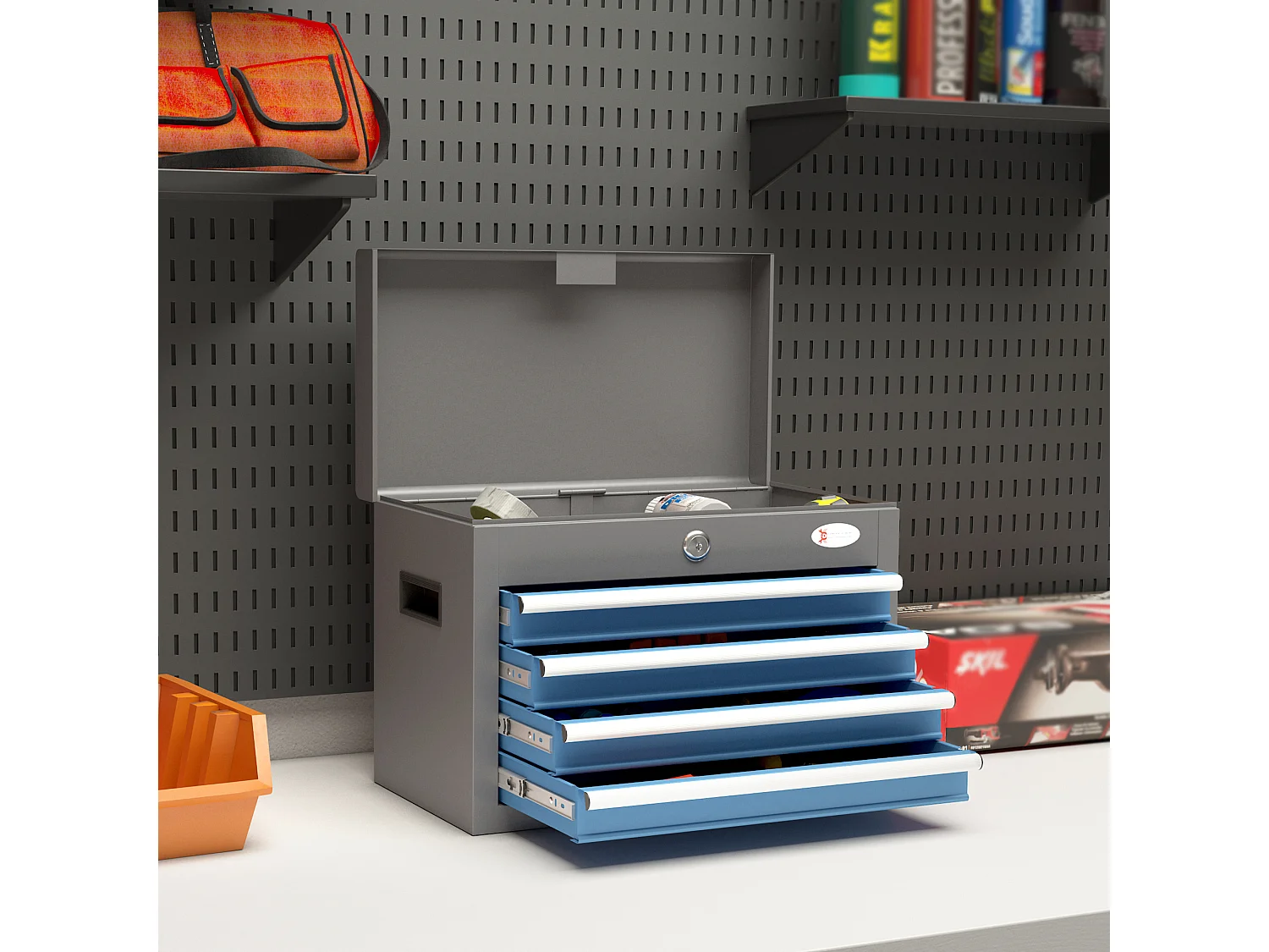 Boite à outils métallique caisse à outils - 4 tiroirs + plateau verrouillables - tapis EVA poignées tôle acier gris bleu