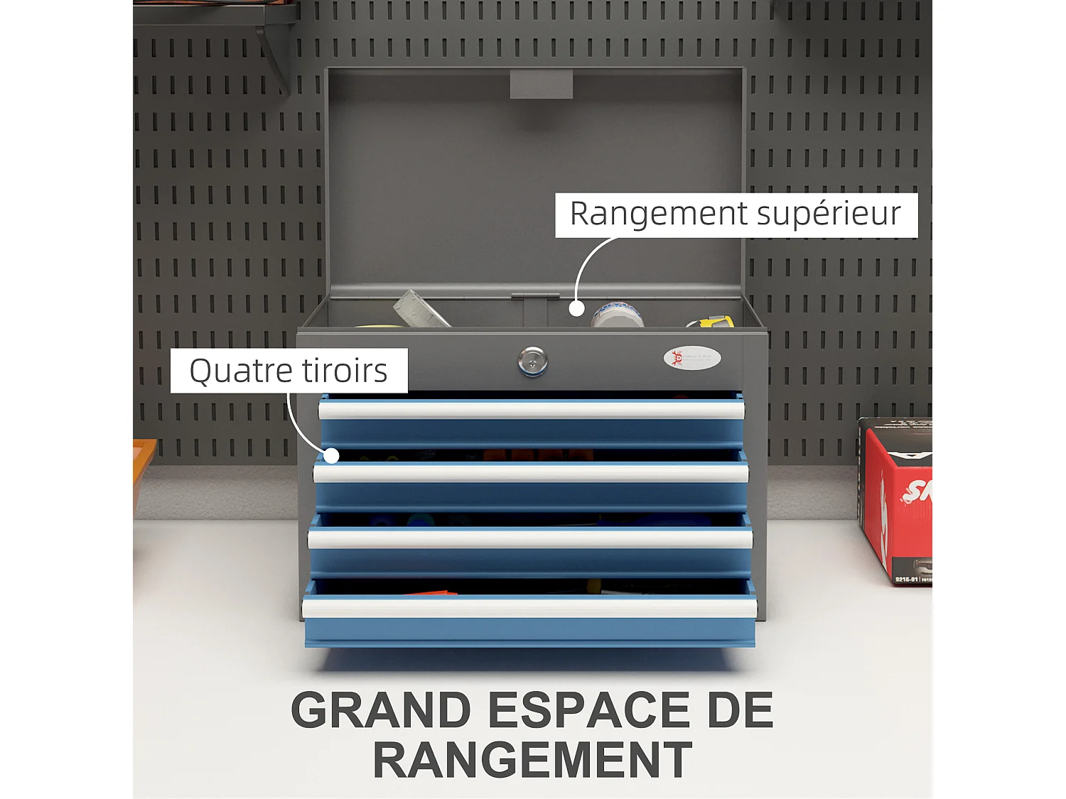 Boite à outils métallique caisse à outils - 4 tiroirs + plateau verrouillables - tapis EVA poignées tôle acier gris bleu