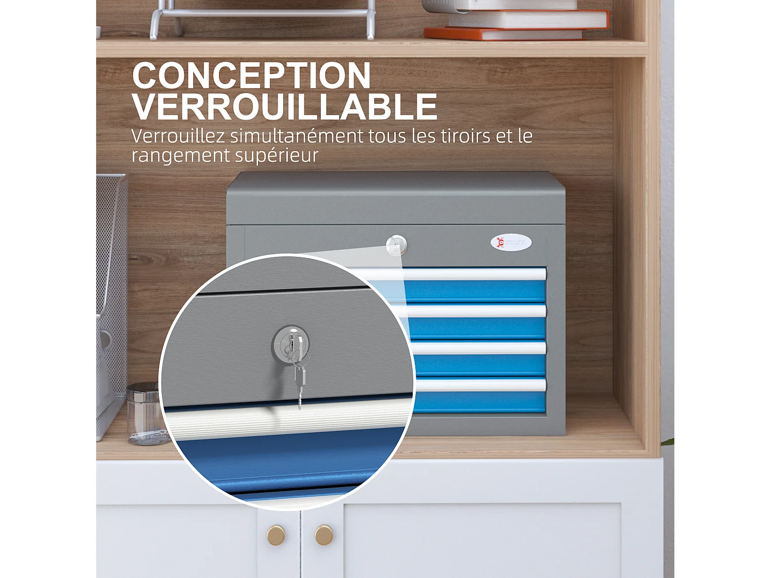 Boite à outils métallique caisse à outils - 4 tiroirs + plateau verrouillables - tapis EVA poignées tôle acier gris bleu