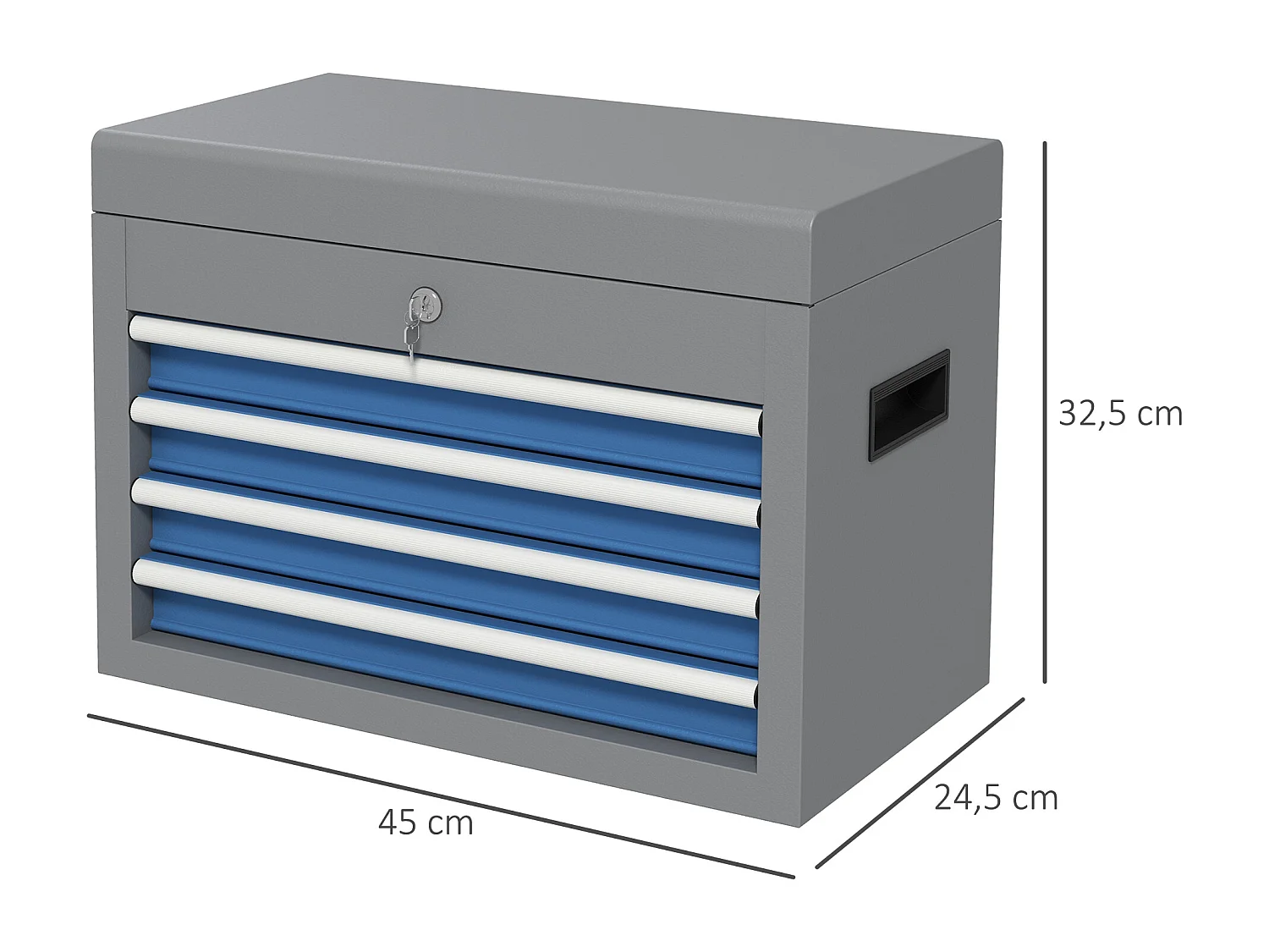 Boite à outils métallique caisse à outils - 4 tiroirs + plateau verrouillables - tapis EVA poignées tôle acier gris bleu