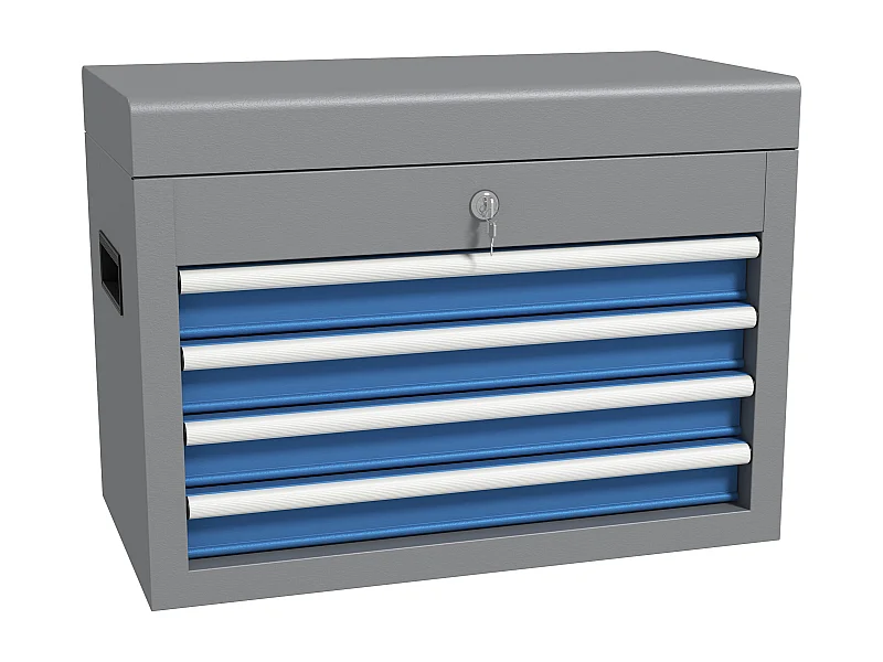 Boite à outils métallique caisse à outils - 4 tiroirs + plateau verrouillables - tapis EVA poignées tôle acier gris bleu